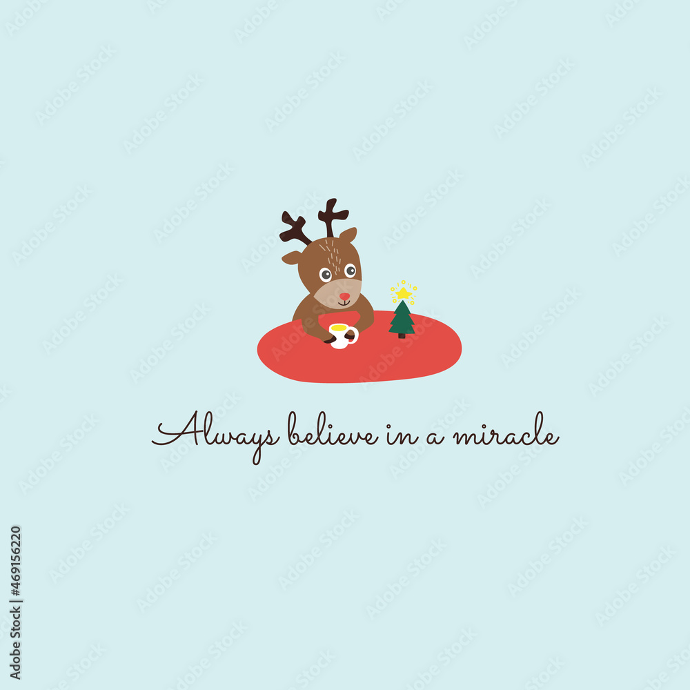 Fototapeta premium Сoncept of faith in Christmas miracle. Little deer drinks tea near tree. 