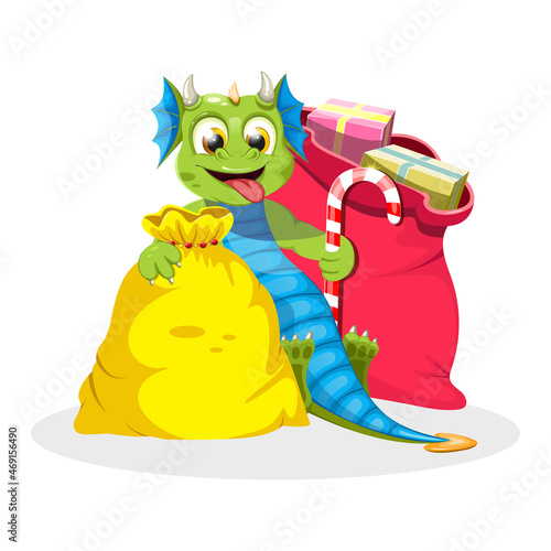 Cheerful dragon with Christmas bags, gifts and candy cane