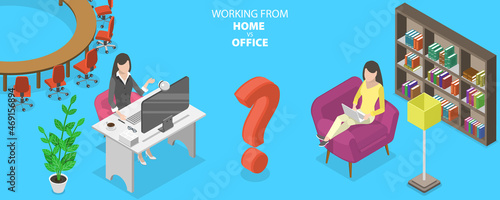 3D Isometric Flat Vector Conceptual Illustration of Working From Home Vs. Office