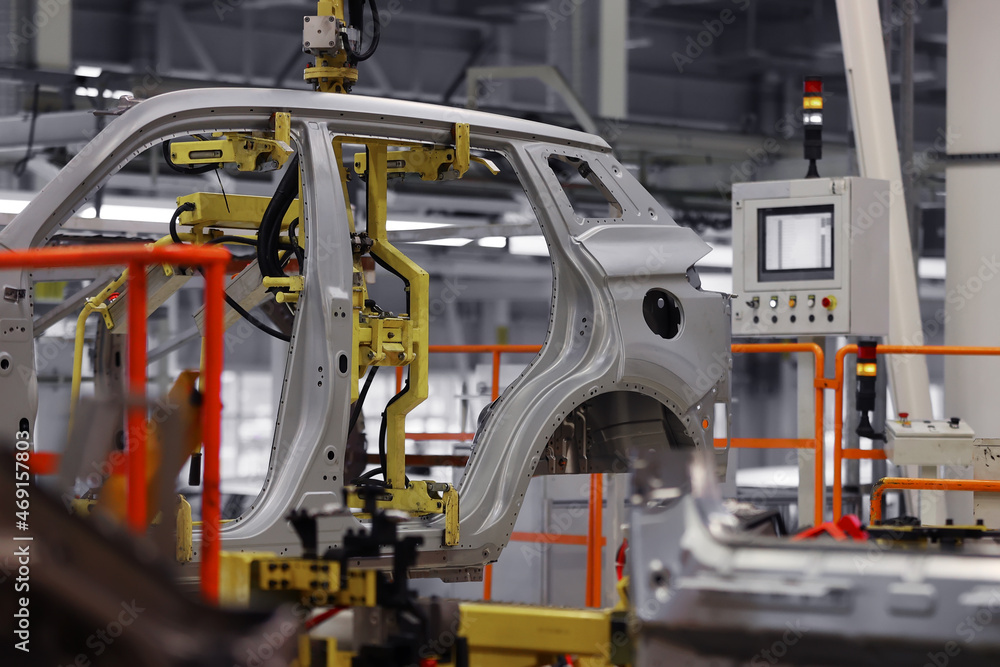 Factory, car manufacturing, innovative robotic welding line Factory, car manufacturing, innovative robotic welding line