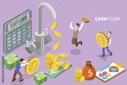 3D Isometric Flat Vector Conceptual Illustration of Cash Flow, Money Streaming From Faucet