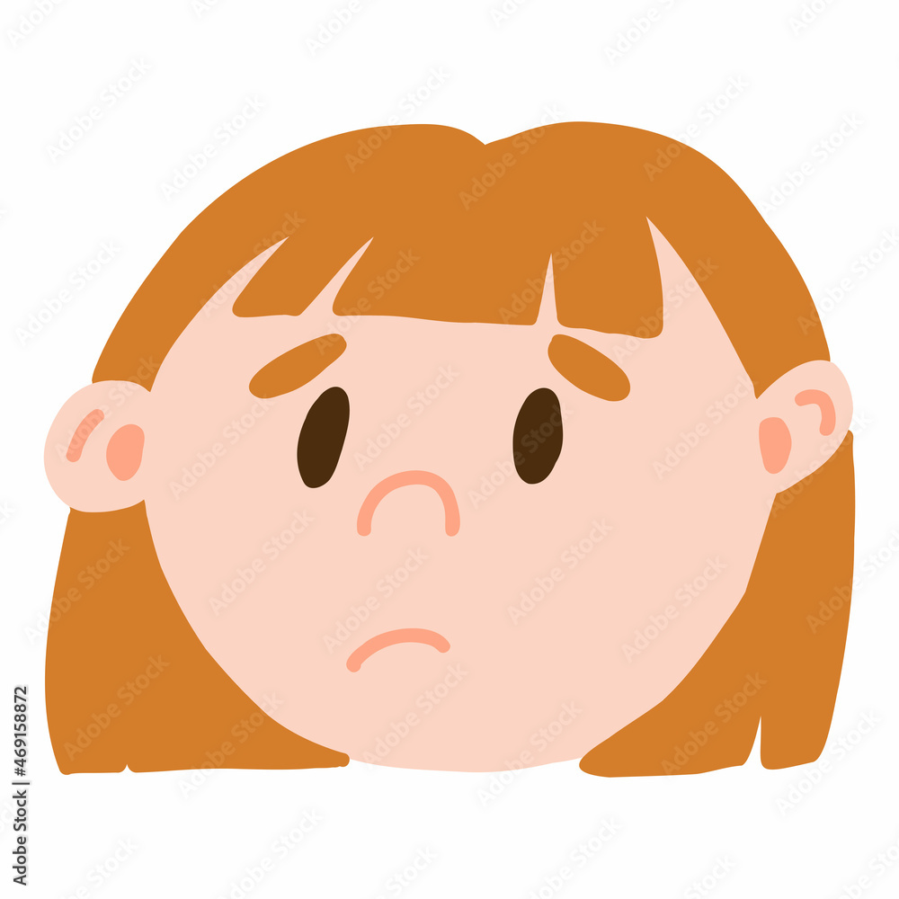Facial expression of young light skinned girl face in cartoon style, vector illustrations isolated on white background. Feelings of depression, frustration, gloom, frustration, upset Facial expression of young light skinned girl face in cartoon style, vector illustrations isolated on white background. Feelings of depression, frustration, gloom, frustration, upset