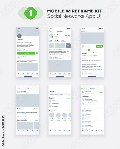 UI Mobile app. Social Networks UX, GUI design elements. Mobile application template layout.