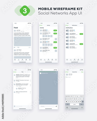 UI Mobile app. Social Networks UX, GUI design elements. Mobile application template layout.