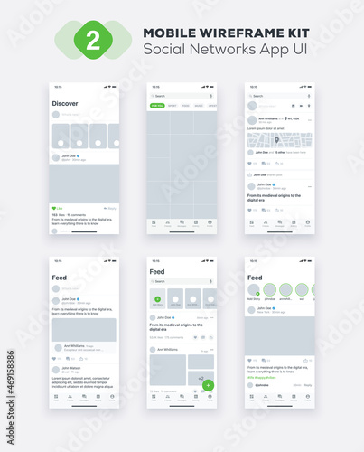 UI Mobile app. Social Networks UX, GUI design elements. Mobile application template layout.