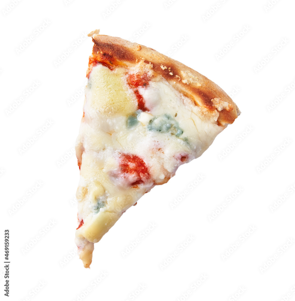 Slice of 4 cheeses italian pizza isolated on a white background Slice of 4 cheeses italian pizza isolated on a white background