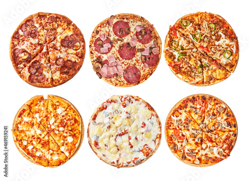  Group of italian pizzas isolated on a white background