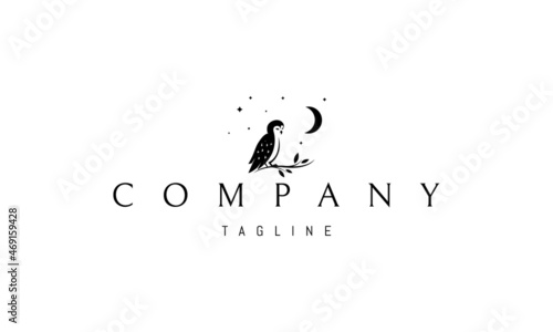 Vector logo on which an abstract image of an owl on a tree under the moon and stars.