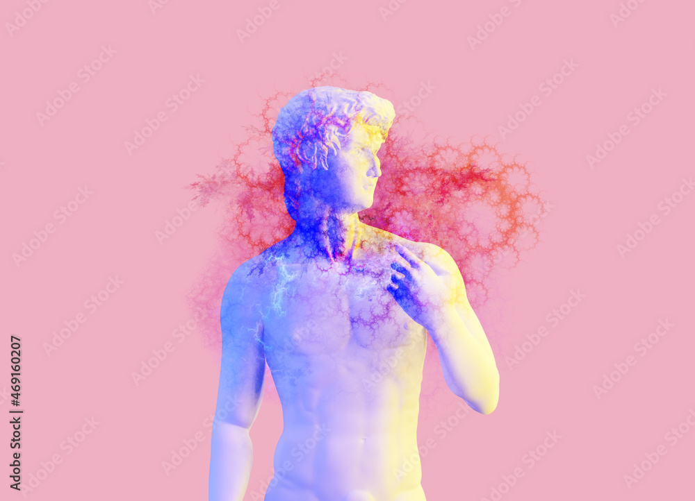 Statue of David with paint splatter on pink background, 3d render Statue of David with paint splatter on pink background, 3d render