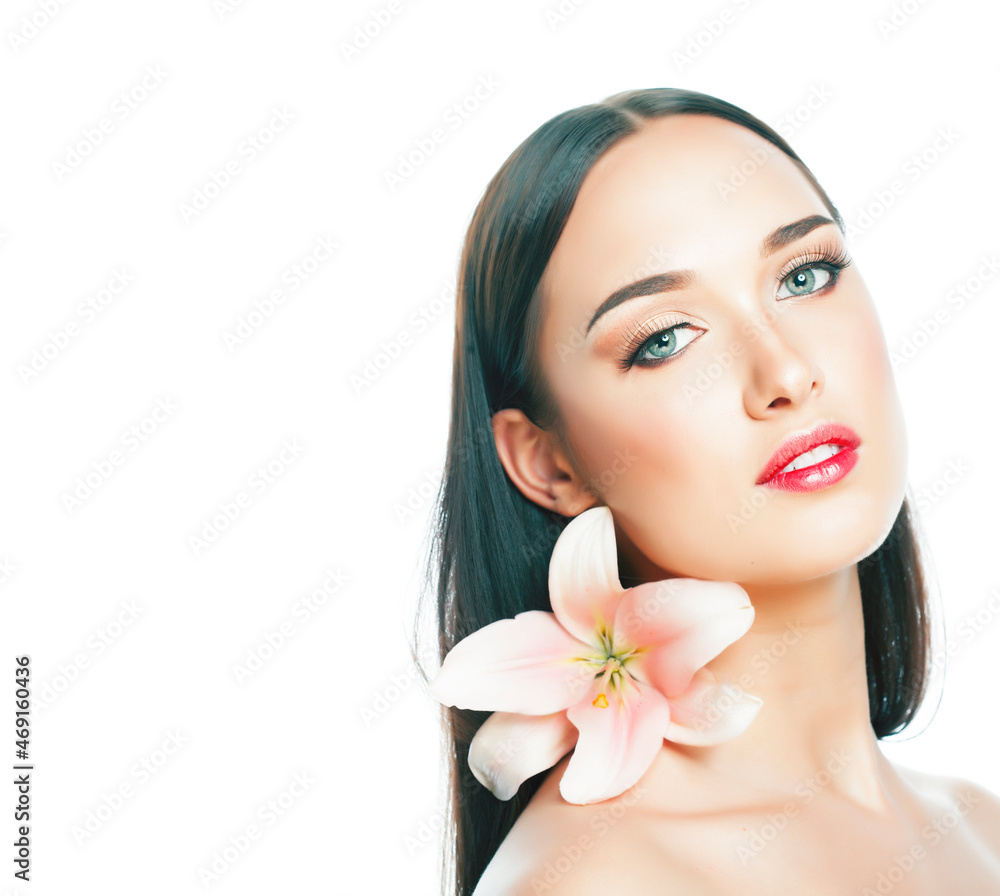 young attractive lady close up with hands on face isolated flower lily brunette spa nude makeup, beauty concept young attractive lady close up with hands on face isolated flower lily brunette spa nude makeup, beauty concept