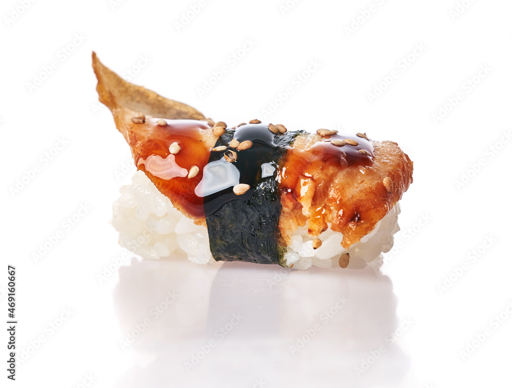 Single unagi nigiri sushi isolated on white background Single unagi nigiri sushi isolated on white background