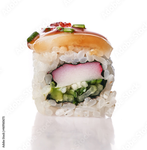  Single surimi uramaki sushi isolated on white background