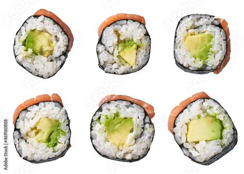  Group of avocado and salmon sushi maki isolated on white background