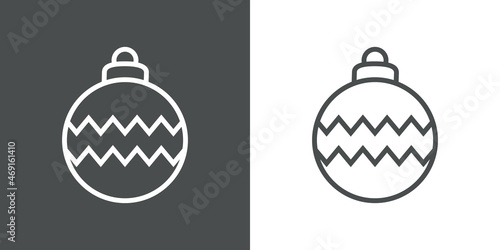 Decoración para árbol de navidad. Icono silueta de bola de navidad con líneas con forma de zigzag en fondo gris y fondo blanco
