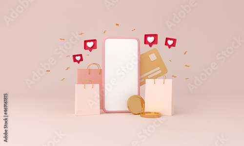 Payment credit card on mobile concept. Online transaction via smartphone, bag shopping, Coin, like heart icon. 3d rendering.