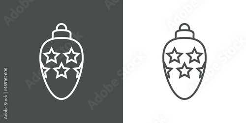 Decoración para árbol de navidad. Icono silueta de bola de navidad ovalada con estrellas con líneas en fondo gris y fondo blanco