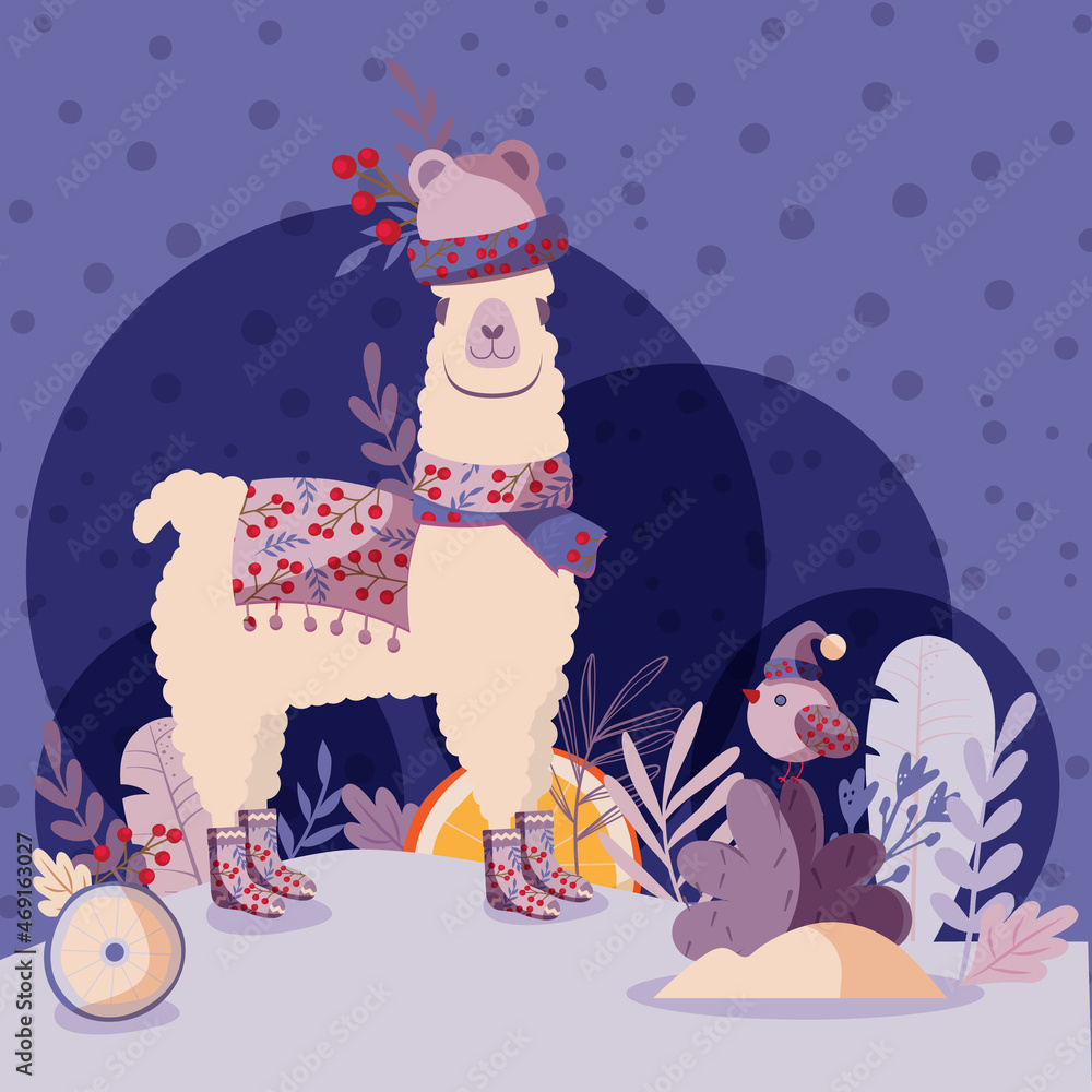 Cute stunning llama with a bird and a cactus and winter flowers with elements of winter design vector illustration, winter background, flowers, mountain ash, winter greeting card, children's illustrat Cute stunning llama with a bird and a cactus and winter flowers with elements of winter design vector illustration, winter background, flowers, mountain ash, winter greeting card, children's illustrat