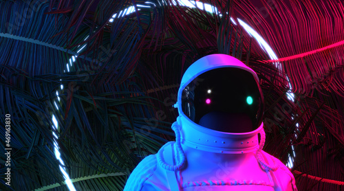 Futuristic space sci-fi abstract background with astronaut. Digital pixel noise glitch art effect on the astronaut in space with neon lights, 80s, leaves. NFT Character, 3D Rendering.