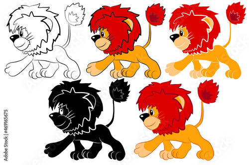 Set of Cartoon lion in profile isolated on white background. Vector illustration.