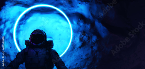 Fototapeta Naklejka Na Ścianę i Meble -  Astronaut with Colorful Visor and White Spacesuit with Blue Moody 80s lighting Front, Neon Circle. 3D Rendering.
