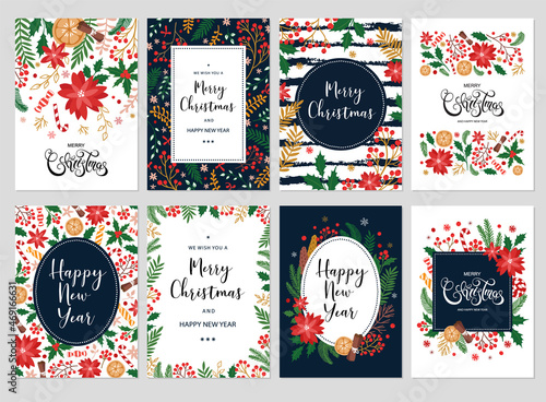 Merry Christmas and Happy New Year cards and invitations set with hand drawn elements. Holiday card with place for text. Floral frames and backgrounds. Vector illustration.