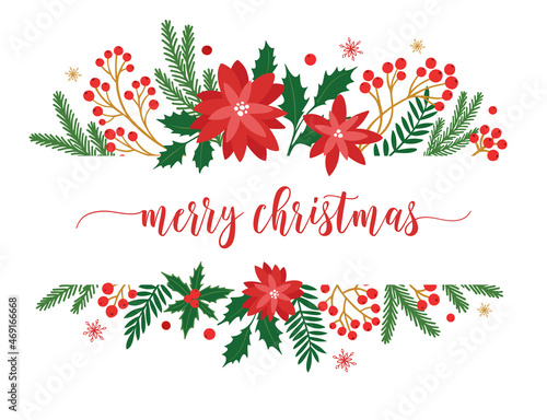 Christmas and New Year horisontal floral frame with poincettia, holly, fir tree, berries, leaves, snowflakes. Vector illustration.