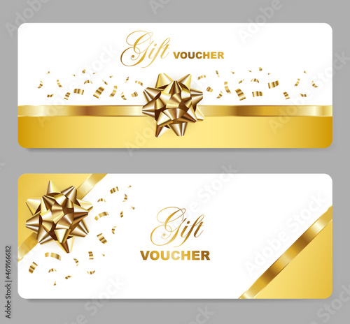 Gift voucher with gold bow, confetti and border. Holiday card template set. Vector illustration.