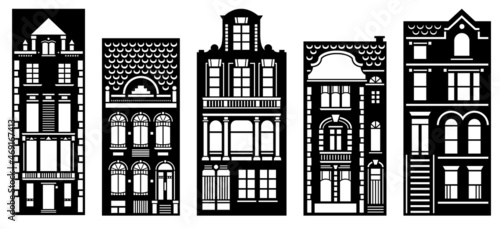 Laser cutting template of houses. Amsterdam old houses facades. Baroque Houses papercutting.  Set of isolated christmas houses. Die cut christmas town. Wood carving vector. 