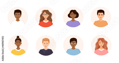 Fototapeta Naklejka Na Ścianę i Meble -  Set of diverse avatars of business team people. Collection of portraits of men and women in a round frame. Vector illustration of faces.