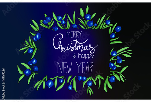 Merry christmas and happy new year blue berry card