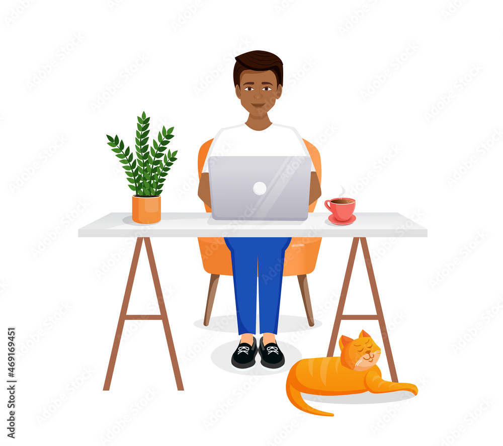 Man sits at a table, works at a computer at home. Remote work, freelance, home office, programming, training. Cozy working interior with a cat. Vector illustration.