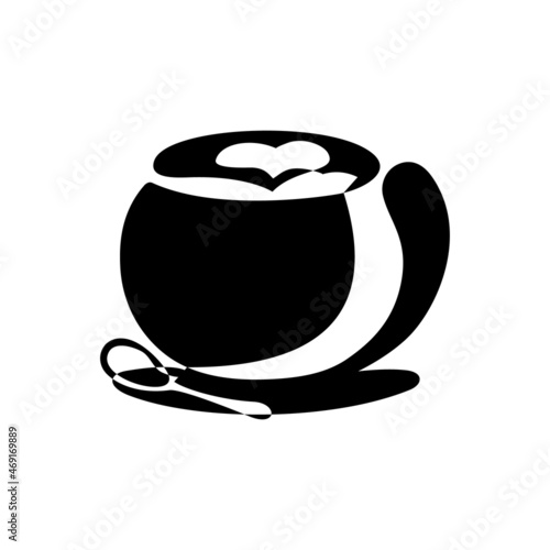 Abstract cup of cappuccino with foam heart. Black contour silhouette of latte mug on saucer with spoon. Symbol of morning vigor and evening vector relaxation