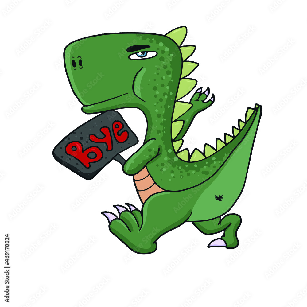 Fototapeta premium Funny dinosaur with a sign with text bye,vector design for stickers on the social network.