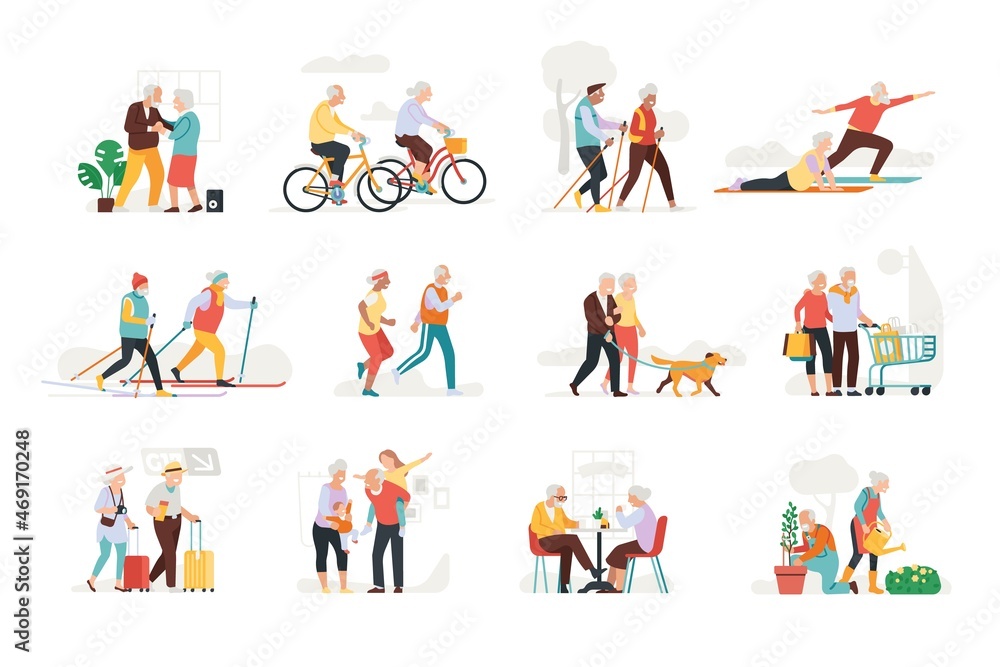 Elderly people activities. Active pensioners. Senior couples relax. Family dance and do sports. Old persons walk and travel. Grandparents healthy lifestyle. Vector leisure actions set