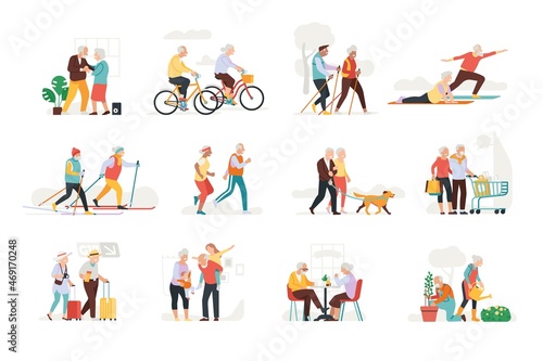 Elderly people activities. Active pensioners. Senior couples relax. Family dance and do sports. Old persons walk and travel. Grandparents healthy lifestyle. Vector leisure actions set
