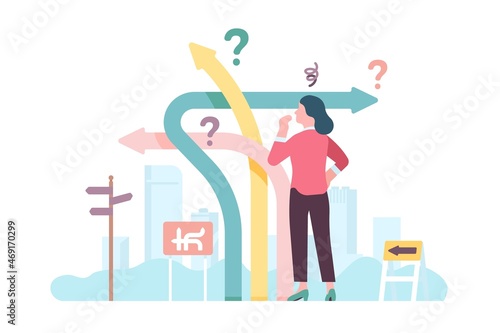 Dilemma people. Pensive woman faces choice. Alternative pathway. Female finding right direction. Crossroad pointer. Decision making process. Many options of road traffic. Vector concept photo