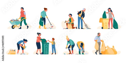 Volunteers collects trash. Taking care of environment. Garbage sorting. People clean waste. Persons picking cans and carry rubbish bags. Universal cleaning day. Vector activists set