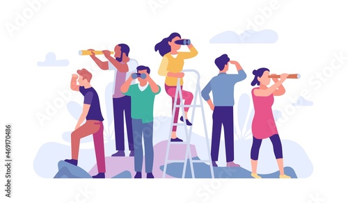 Goal search. People looks different directions through binoculars and spyglasses. Men and women peer into distance. Persons find opportunities in future. Forward vision. Vector concept photo