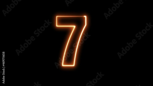 4K Ultra Hd. Teen number. Orange lights form luminous numeral 7 on black background. Appears and disappears. Electric style. Seamless loop. 3D Animation. photo