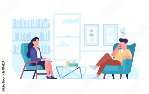 Psychologist individual consultation. Patient and doctor in specialist office, emotional problems solving, work on yourself, mental health treatment, vector cartoon flat isolated concept