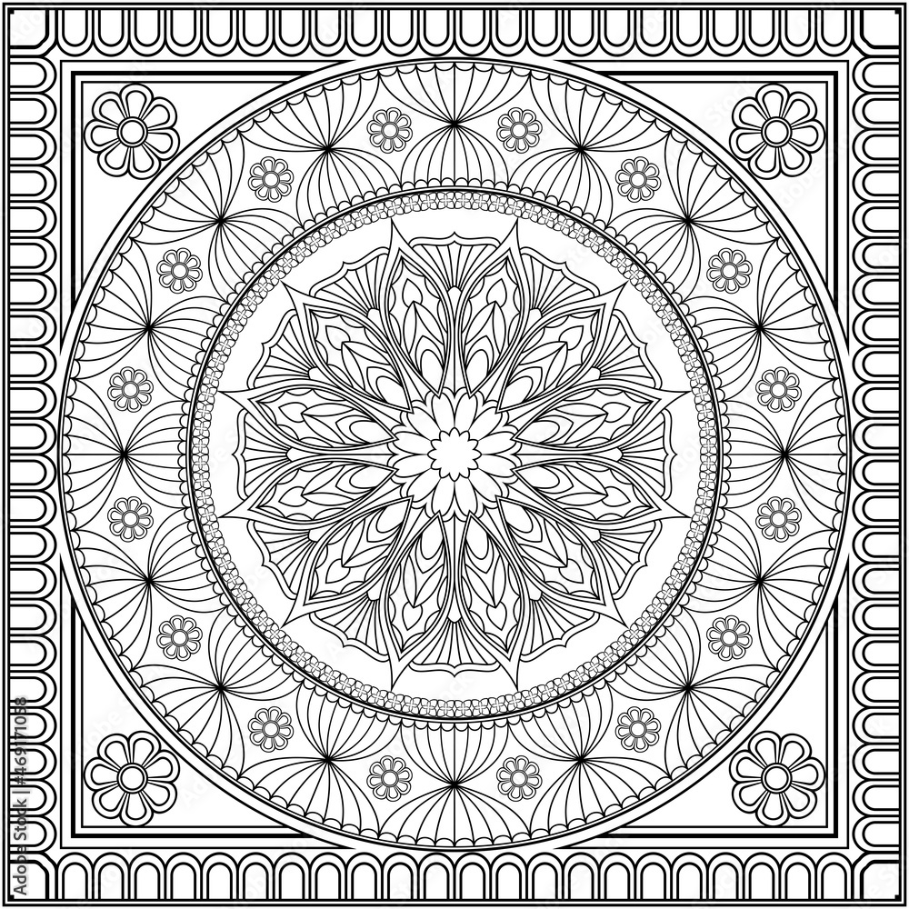 Vector coloring. Geometric floral pattern in an openwork frame. Contour drawing on a white background.
