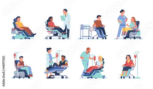 People donating blood. Medical staff take blood from men and women in laboratory donor chairs, humanitarian help and charity, doctors with volunteers, vector cartoon flat isolated set