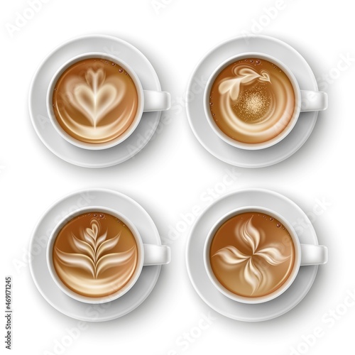 Coffee cups. Different realistic cappuccino drawings, top view porcelain pairs, hot drinks with foamed milk, latte and mocha. White mugs with plate, morning beverage vector isolated set