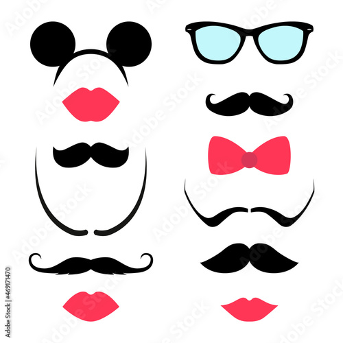 Set of mustaches, lips, glasses 