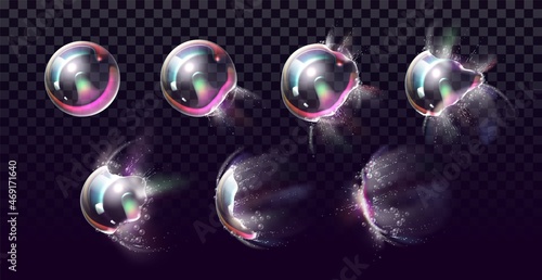 Soap bubble explosion stages. Realistic rainbow ball bursts with splashes by frame. Spherical transparent objects break. 3D bursting foam element. Vector iridescent froth spheres set