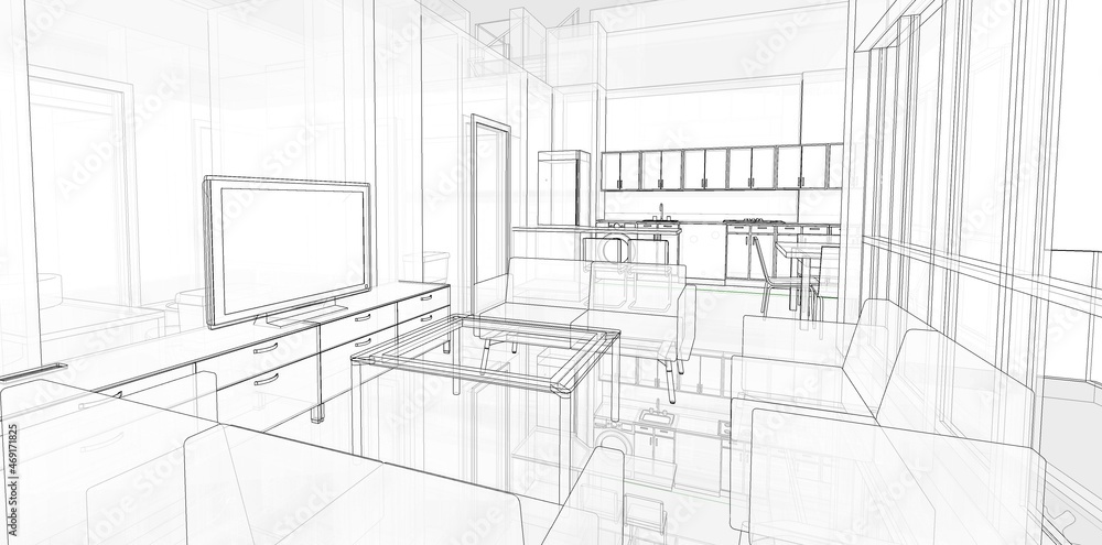 3d illustration of an open kitchen living room space. Technical drawing with transparent walls. Interior  scene from eye level.