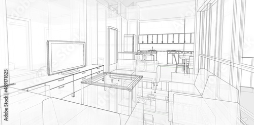 3d illustration of an open kitchen living room space. Technical drawing with transparent walls. Interior scene from eye level.