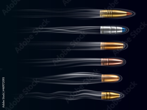 Flying bullet traces. Realistic pistol projectiles. Weapon shot. Visible path and fast motion effects. Cartridge trails. Spiral flows. Ammunition caliber. Vector gunfire templates set