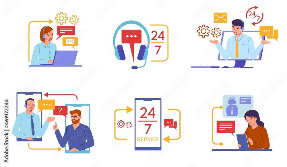 Response call center. Customer support service. Around clock helpline. Voice communication. Chat assist. Phone advisor. FAQ and feedback. Helping clients. Vector hotline assistants set Response call center. Customer support service. Around clock helpline. Voice communication. Chat assist. Phone advisor. FAQ and feedback. Helping clients. Vector hotline assistants set