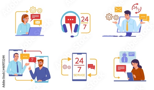 Response call center. Customer support service. Around clock helpline. Voice communication. Chat assist. Phone advisor. FAQ and feedback. Helping clients. Vector hotline assistants set